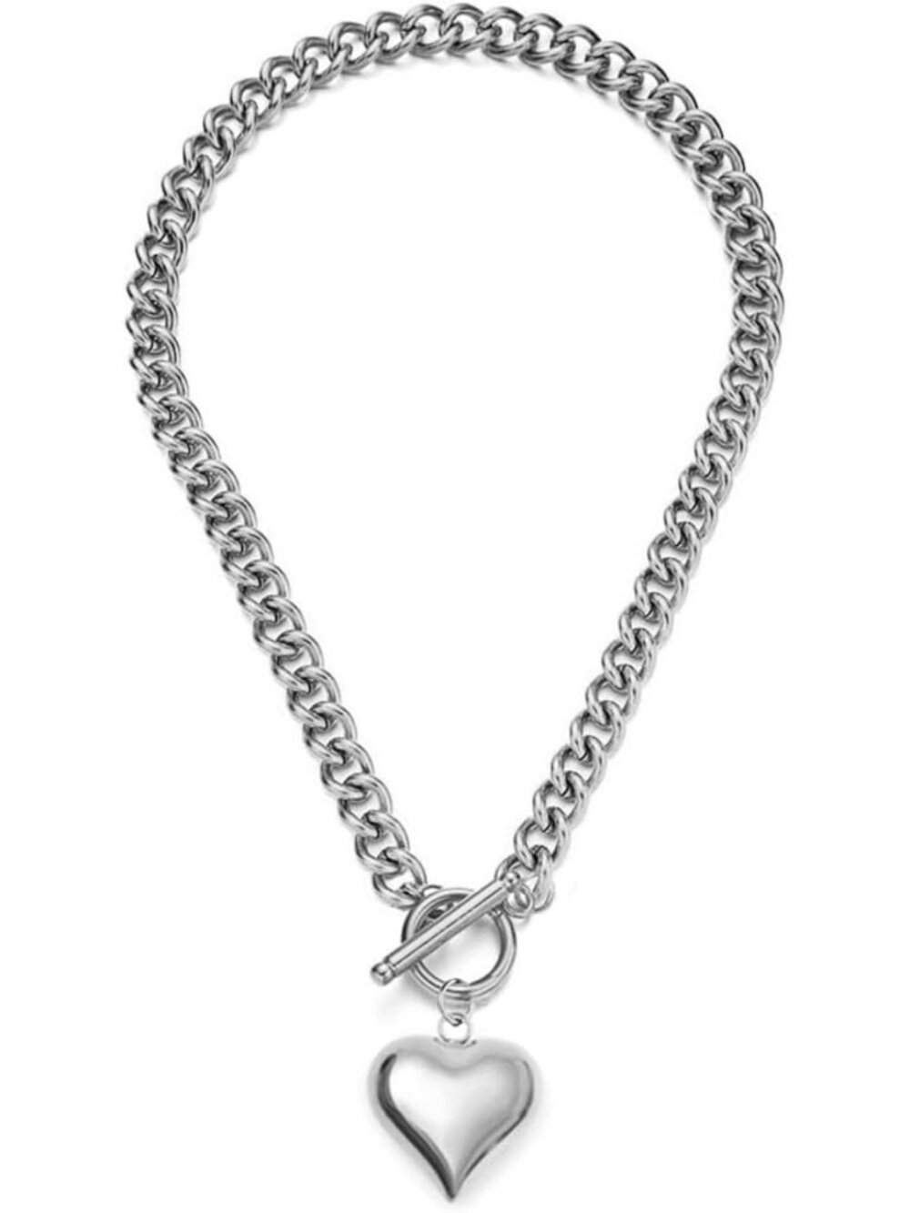 Chunky Stainless Steel Puffy Heart Pendant Necklace - Trendy Statement Jewelry